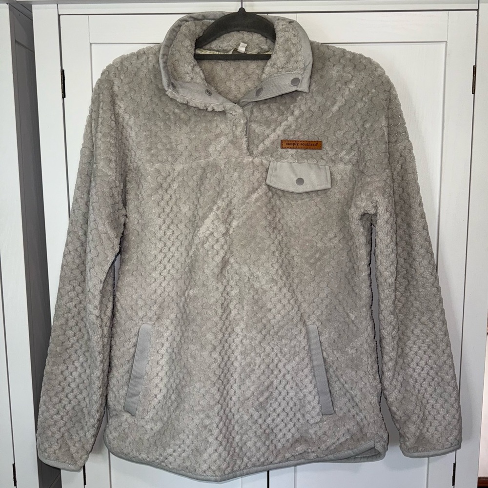 Simply Southern Gray Fleece Pullover Small Cozy Sherpa Quarter Snap